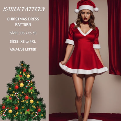 Women's Christmas Mini Dress Sewing Pattern:US 2-30, XS-4XL (PDF Pattern)