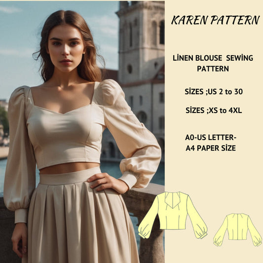 Linen Blouse Crop Top Sewing Pattern,Short Sleeve Cottagecore Crop Top, Puff Sleeve Top, Fitted Crop Top Pattern, Crop Blouse Top, XS-4XL