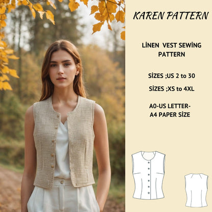 Linen Vest Sewing Pattern, Round Neck, Women's Sizes 2-30 (PDF Pattern)