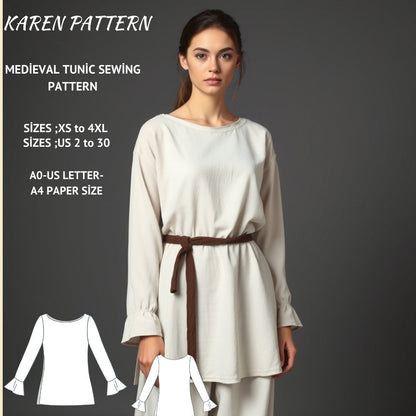 Medieval Tunic Sewing Pattern:Bohemian Cosplay (XS-4XL) (PDF Pattern)