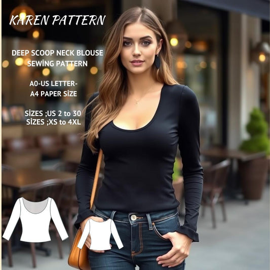 Scoop Neck Blouse Sewing Pattern:Beginner Long Sleeve Top (PDF Pattern)