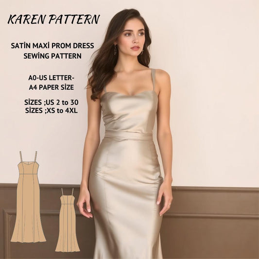 Satin Prom Maxi Dress Sewing Pattern:US 2-30, XS-4XL (Digital Download)