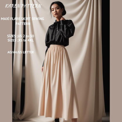 Maxi Flare Skirt Sewing Pattern: US Size 2-30 (Digital Download)