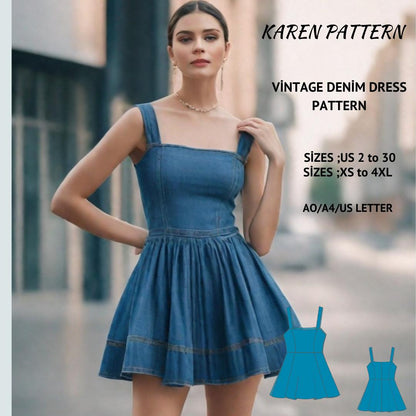 Women's Denim Mini Dress Sewing Pattern (US 2-30, XS-4XL) (A0-A4-US Letter)