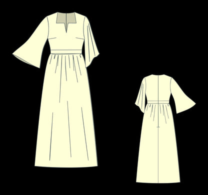 Native American Maxi Dress Sewing Pattern:Bell Sleeve Boho Style (PDF)