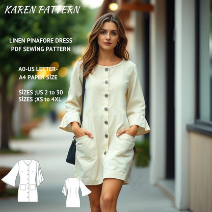 Linen Pinafore Dress Sewing Pattern, A4-US Letter A0 XS/4XL (Digital Download)