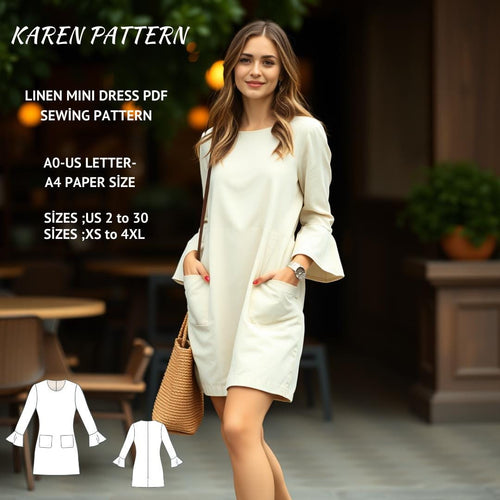 Linen Pinafore Mini Dress Sewing Pattern,Linen Mini Dress,Shift Dress,Apron Pattern,Sundress with Pockets,A4-US Letter A0 XS/4XL