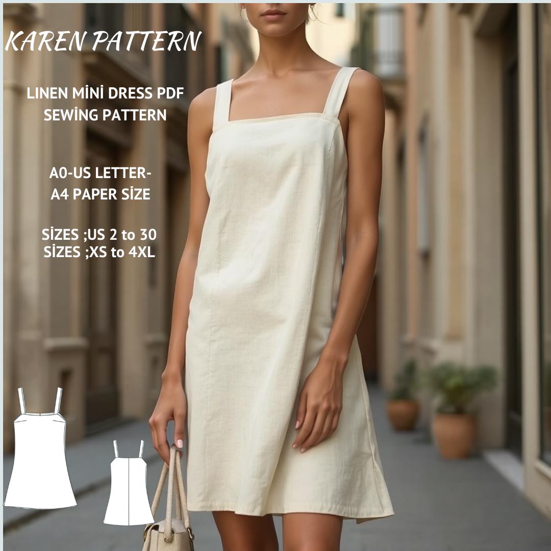 Linen Mini Pinafore Dress Sewing Pattern: XS-4XL (Digital Download)