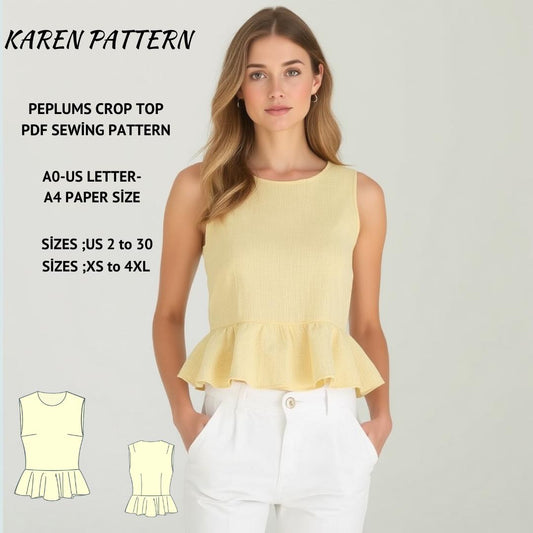 Peplum Ruffle Crop Top Sewing Pattern: Knitwear(XS-4XL) (PDF Pattern)