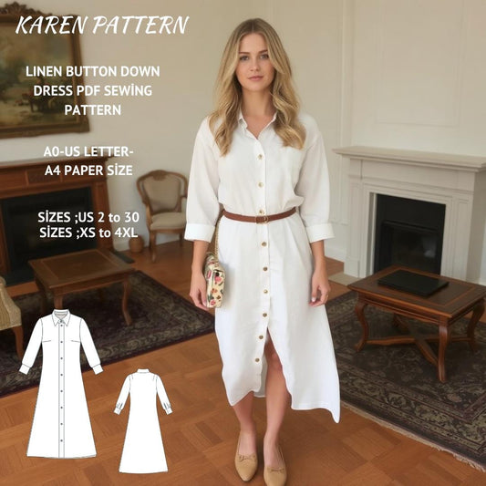 Linen Button Down Midi Dress Sewing Pattern(XS-4XL) (PDF Pattern)