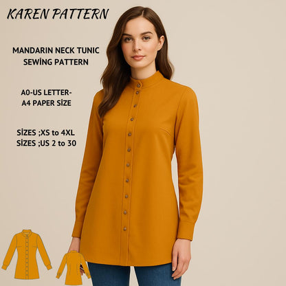 Mandarin Collar Tunic Sewing Pattern: Women's Blouse (PDF Pattern)