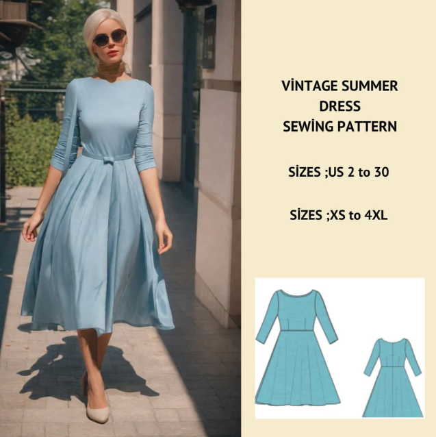 1950's Vintage Summer Dress Sewing Pattern (XS-4XL)(PDF Pattern)