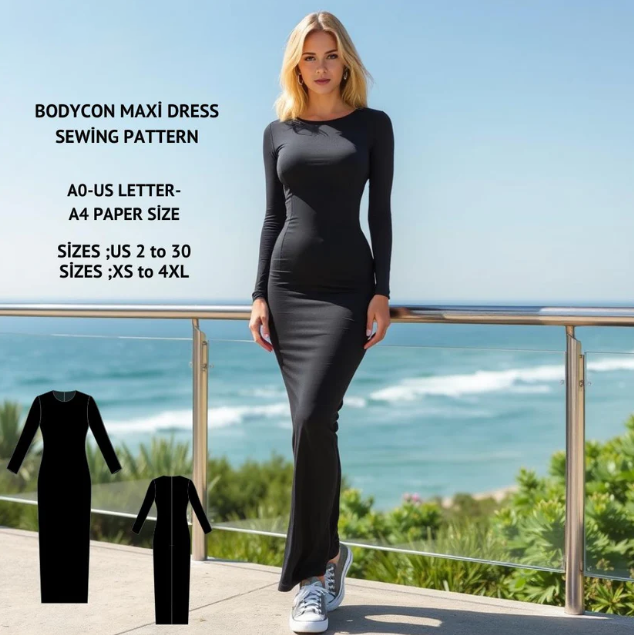 Bodycon Maxi Dress Sewing Pattern: Stretch Pencil Dress (Digital Download)