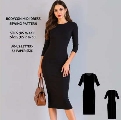 Bodycon Midi Dress Sewing Pattern: Stretch Pencil Dress (A4-US Letter)