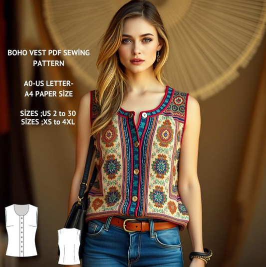 Boho Patchwork Vest Sewing Pattern:Women's XS-4XL (PDF Pattern)