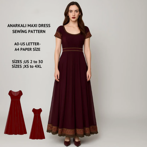 Burgundy Anarkali Dress Sewing Pattern: Medieval Renaissance Costume (PDF Pattern,US 2-30)