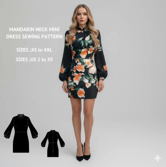 Cheongsam Mini Dress Sewing Pattern:Mandarin Collar, Vintage Style (Digital Download)