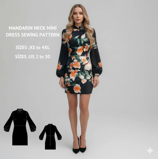 Cheongsam Mini Dress Sewing Pattern:Mandarin Collar, Vintage Style (Digital Download)