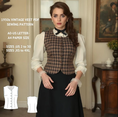 1950's Vintage Women's Vest Sewing Pattern: Round Neck (A0 A4-US Letter) (PDF Pattern)