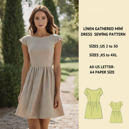 Gathered Linen Mini Dress Sewing Pattern, Boat Neck (Digital Download)