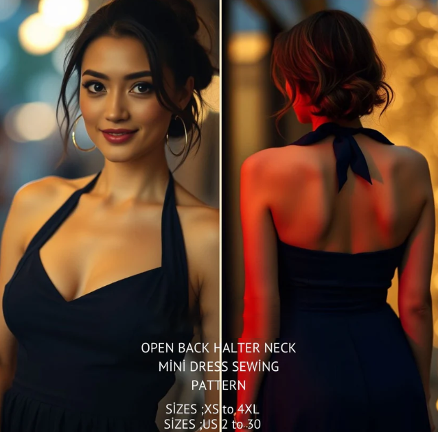 Halter Neck Open Back Dress Sewing Pattern:US 2-30, XS-4XL (Digital Download)