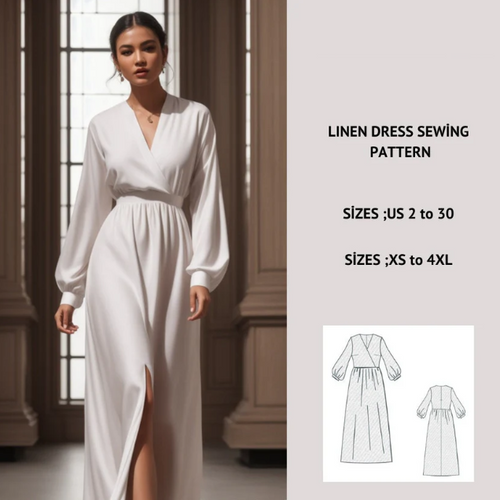 Linen Maxi Surplice Dress Sewing Pattern:Plus Size XS-4XL (Digital Download)