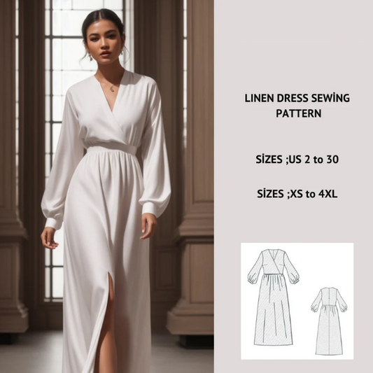 Linen Maxi Surplice Dress Sewing Pattern:Plus Size XS-4XL (Digital Download)