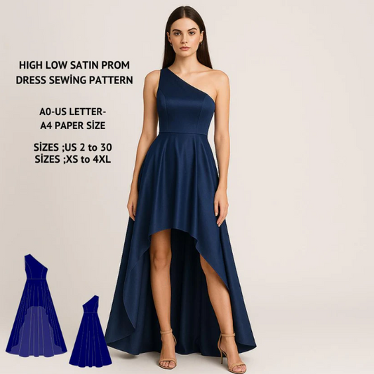 Asymmetrical Satin Dress Sewing Pattern: High-Low Gown (XS-4XL) (Digital Download))