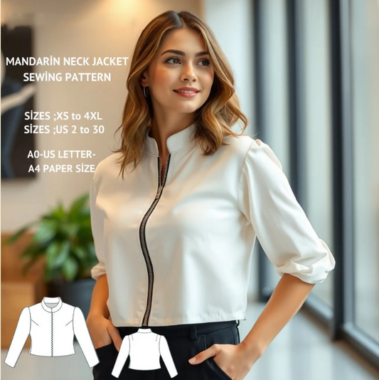 Mandarin Neck Front Zipper Jacket Sewing Pattern,Long Sleeve Crop Top,Women's Jacket,Zipper Jacket,Puff Sleeve Crop Top,XS-4XL