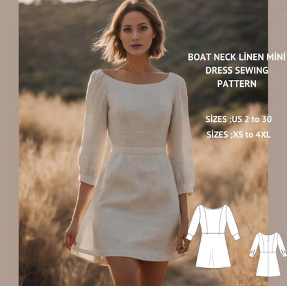Boat Neck Linen Mini Dress Sewing Pattern (US 2-30, XS-4XL)(Digital Download)