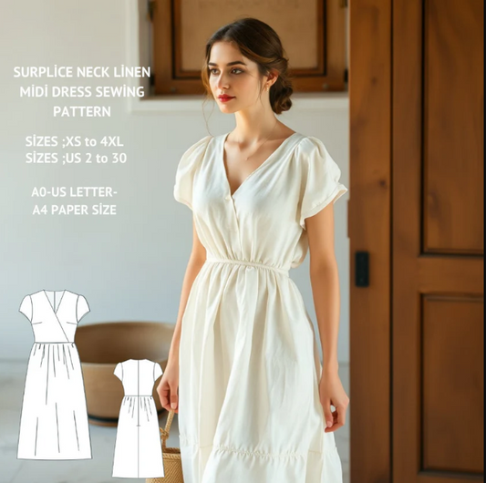 Surplice Neck Linen Midi Dress Sewing Pattern,Sundress Pattern,Spring Dress,Gathered Dress,Puff Sleeve Dress,Ladies size;XS to 4xl