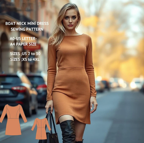 Boat Neck Mini A-Line Dress Sewing Pattern(XS-4XL) (Digital Download)