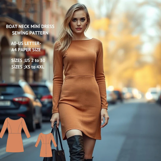 Boat Neck Mini A-Line Dress Sewing Pattern(XS-4XL) (Digital Download)